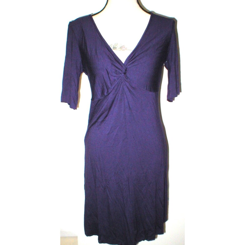 New Three Dots Dark Purple L Womens Dress Viscose Short Sleeve V Neck USA